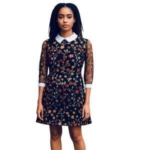 Aqua Size S Black Floral Embroidery Dress with White Collar & Sleeves